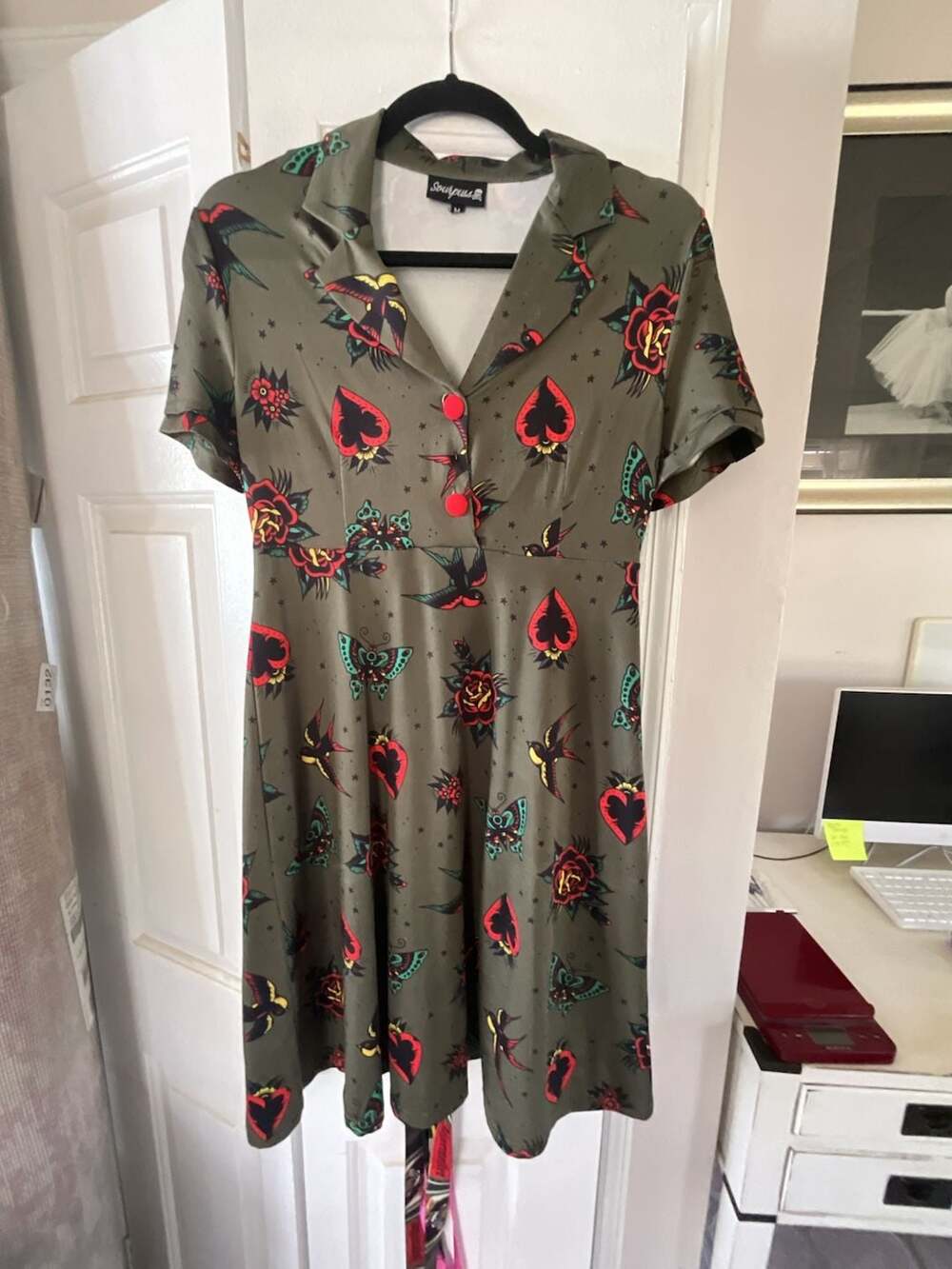 Sourpuss Green Tattoo Print Short Sleeve Rosie  Dress Size M